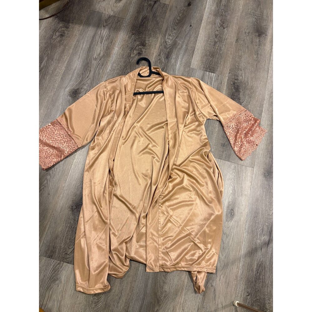 Rose Gold Satin Robe with Pink Lace Trim NWT
